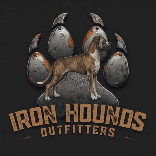 Iron Hounds Outfitters crest: a boxer standing on a rusted iron paw print